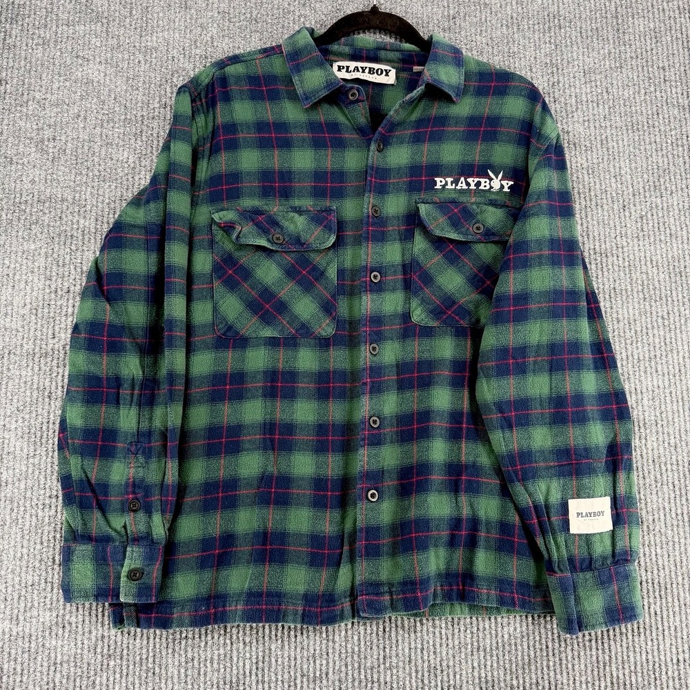 Playboy by PacSun men's plaid flannel shirt green blue red size Medium‎